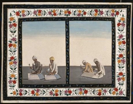 Two pairs of stone masons working with chisels and hammers. Gouache paintin.. Illustrazione stock