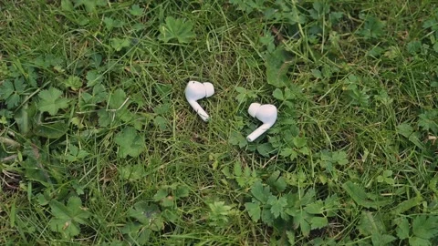 Two pairs of wireless earbuds rest on the green grass surrounded by small plants Vídeo Stock 344526403