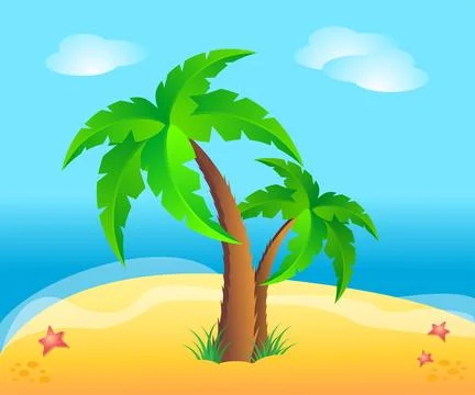 Two palm tree and sandy beach on blue sea. Paradise vacation on tropical isla Stock-Illustration