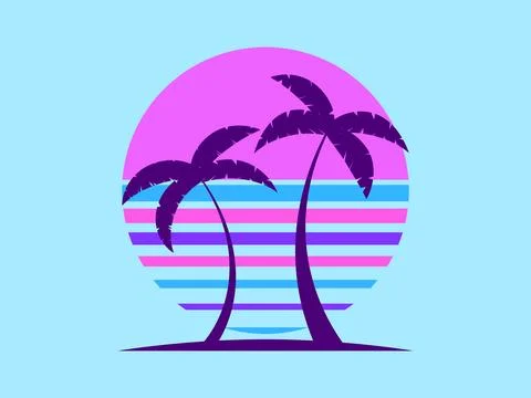 Two palm trees against the backdrop of the 80s retro sun isolated on a blue.. Illustrazione stock