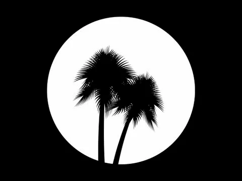 Two palm trees on the background of the full moon, black and white logo. Trop 스톡 일러스트