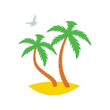 Two palm trees on a sandy island with a passing seagull. Icon. Vector illustr 스톡 일러스트