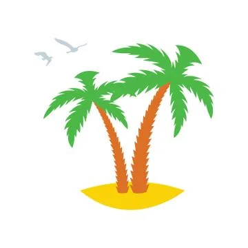 Two palm trees on a sandy island with flying past gulls. Icon. Vector illustr Stock Illustration