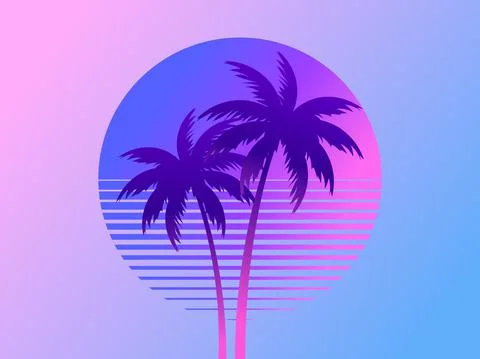 Two palm trees on a sunset 80s retro sci-fi style. Summer time. Futuristic su Stock-Illustration