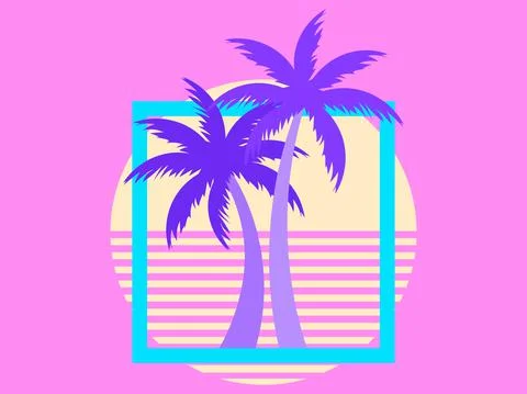 Two palm trees on a sunset 80s retro sci-fi style. Summer time. Futuristic su Stock-Illustration