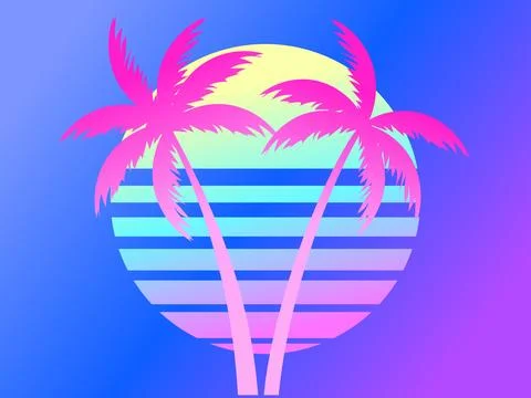 Two palm trees on a sunset 80s retro sci-fi style. Summer time. Futuristic .. Stock Illustration
