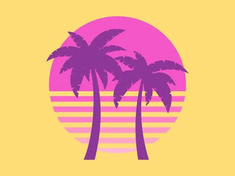 Two palm trees at sunset isolated on white background. Summer tropical sunset Illustrazione stock