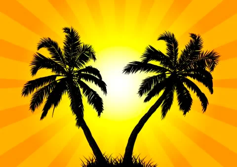 Two palms in the background of the sun Stock Illustration