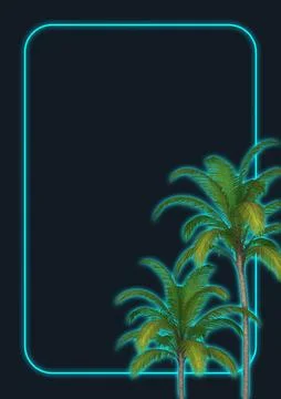 Two palms trees with turquoise neon frame Stock Illustration