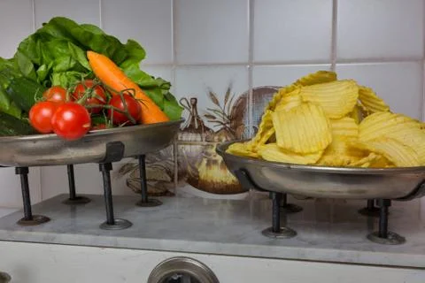 Two pan balance Stock Photos