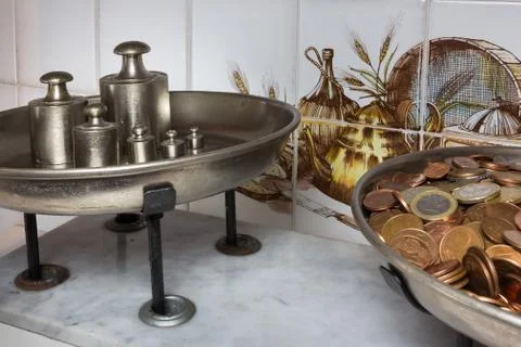 Two pan balance Stock Photos