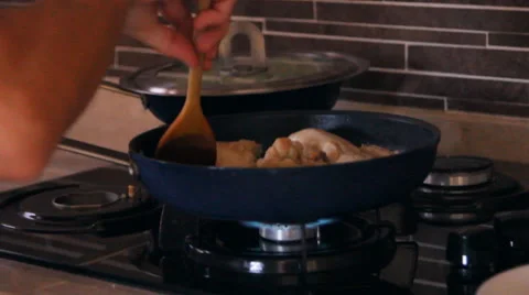 Two pan on the fire, chicken fried Stock Footage 40217285