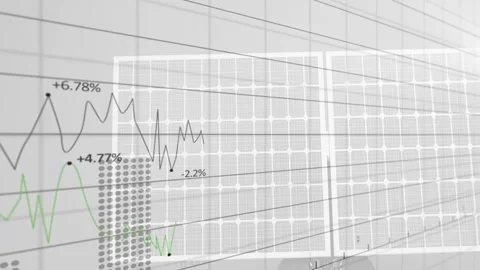 Two-panel solar array receiving data feed, displaying charts and rising dotted 動画素材 331872982