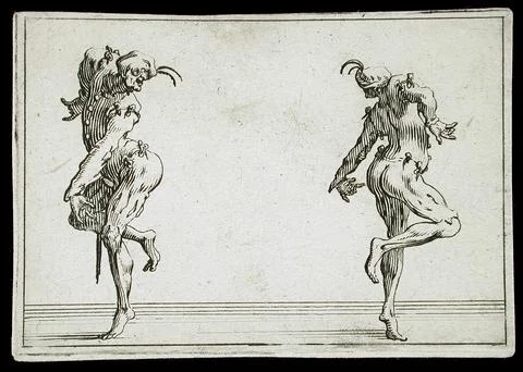 Two Pantalons Turning. Jacques Callot (France, Nancy, 1592-1635). France, 1.. Stock Illustration