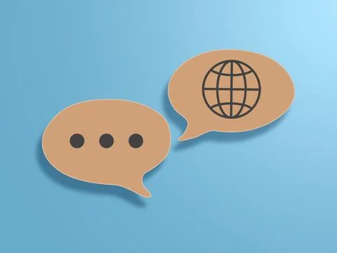 Two paper speech bubbles displaying a globe icon and ellipsis symbol Stock Photos
