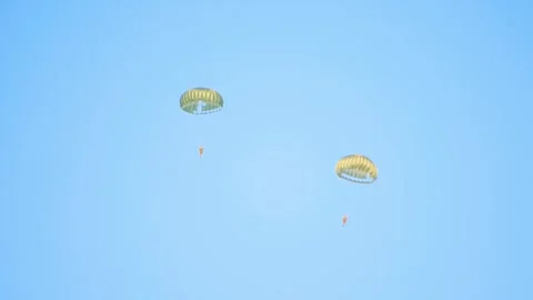 Two parachutists in mid-air as they descend during the Airborne Ede event Video stock 286335699
