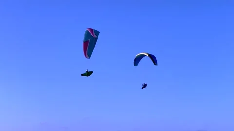 Two paragliders soar against the backdrop of a sunny blue sky Video stock 168486322