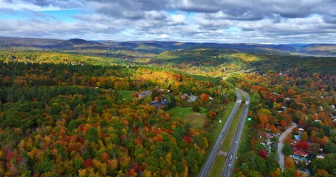 Two parallel highways crossing the vast wooded landscape.  Video stock 290120595