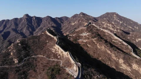 Two parallel lines of Great Wall of China located at close hills, aerial view Stock Footage 106093461