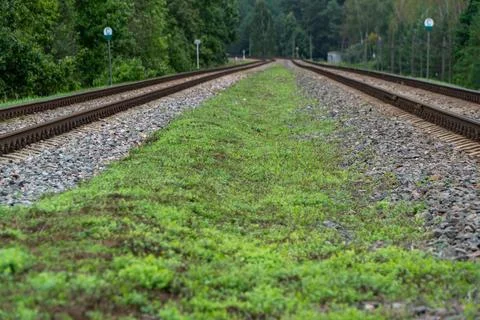 Two parallel rusty steel railroad tracks stretching toward distant horizon 库存照片