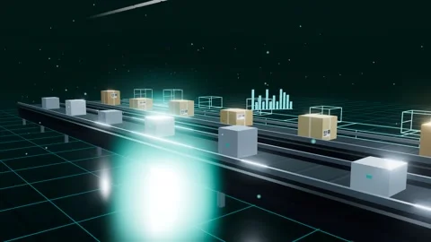Two Parcel Lines Running Side By Side As Their Wireframe Twins Run Ahead From 스톡 동영상 344640046