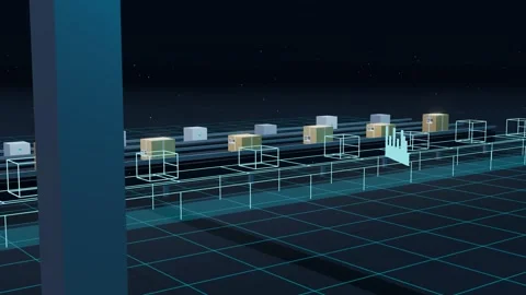 Two Parcel Lines Running Side By Side As Their Wireframe Twins Run Ahead In A Stock Footage 344640048