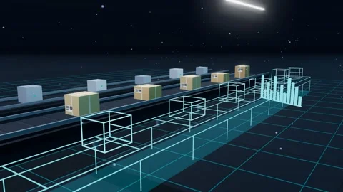 Two Parcel Lines Running Side By Side As Their Wireframe Twins Run Ahead From Stock Footage 344640081