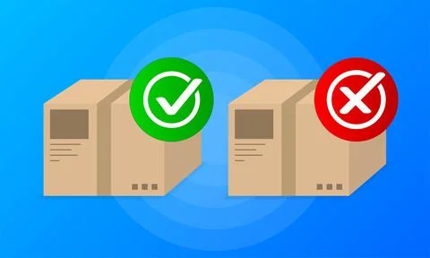 Two parcels with yes or no signs on a blue background. Delivered or not. Vect Illustrazione stock