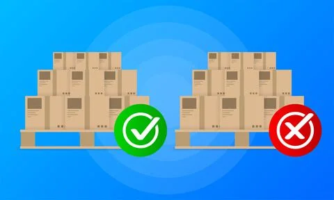 Two parcels with yes or no signs on a blue background. Delivered or not. Vect Illustrazione stock