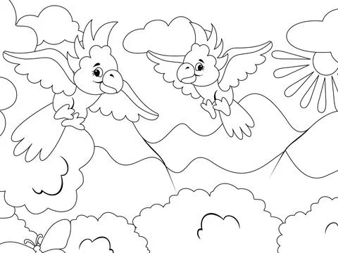 Two parrots are flying in the sky. Vector, page for printable children coloring Stock Illustration