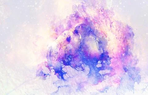 Two parrots in cosmic space. Computer collage. Illustrazione stock