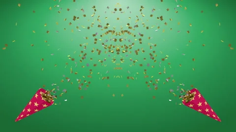 Two Party crackers exploding animation, flying confetti - Green background Stock Footage 137306192
