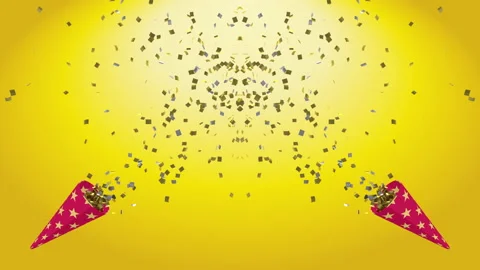 Two Party crackers exploding animation, flying confetti - Golden background Vidéo 137311981