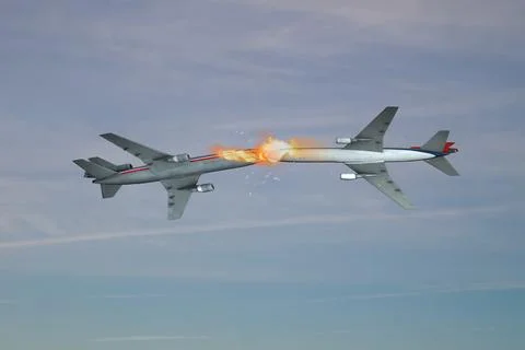 Two passenger planes collided in the sky, the crash of airliners.Concept: plane  Stockfoto's