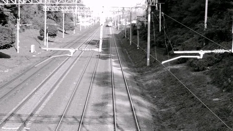 Two Passenger Trains At The Camera Top View In Black White Stock Footage 84828119