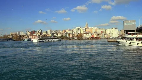 Two passenger vessels floating by each other in Bosphorus with Istanbul 스톡 동영상 105275538