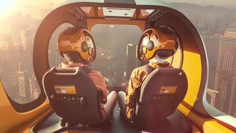 Two passengers in autopilot taxi drones flying above big city center at the Stock Footage 224197241