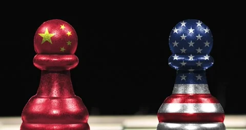 Two pawns chess pieces with the flags of united states and china Video stock 328319741