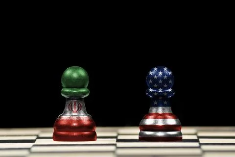Two pawns chess pieces with the flags of iran and united states over a chess Stock Illustration