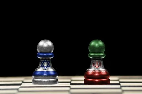 Two pawns chess pieces with the flags of israel and iran over a chess board Stock Illustration