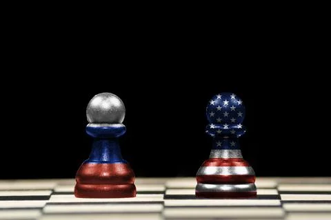 Two pawns chess pieces with the flags of russia and united states over a ches Stock Illustration