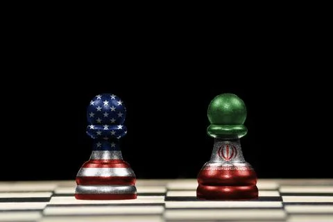 Two pawns chess pieces with the flags of united states and iran over a chess Stock Illustration