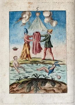 Two peasants hold a red robe; cherubs blow wind and Mercury rests on water .. Stock Illustration