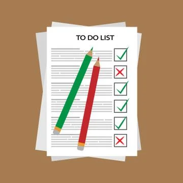 Two pencils, a to-do list, abstract text and implementation notes Stock Illustration