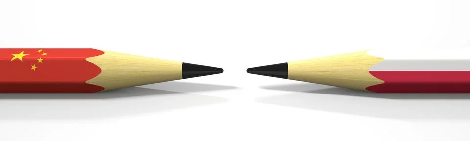 Two pencils with flags of China and Poland, political conflict related 3d Stock Illustration