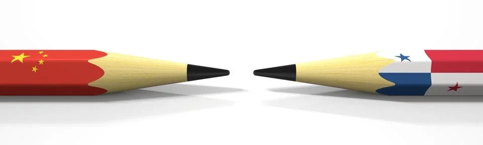 Two pencils with flags of China and Panama, political conflict related 3d Stock Illustration