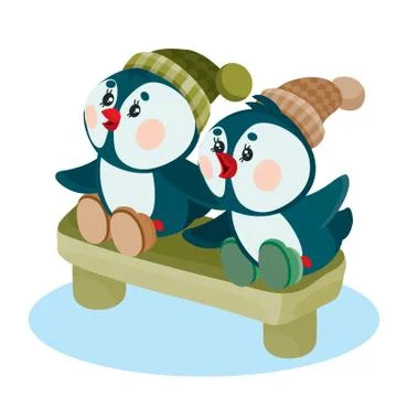 Two penguins are sitting on a bench at Christmas and are looking forward to when Stock Illustration