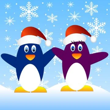 Two penguins on a blue background with snowflakes Stock Illustration