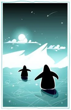 Two penguins in a cold arctic night Stock Illustration