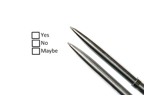 Two pens and three options as questionnaire. Stock Photos